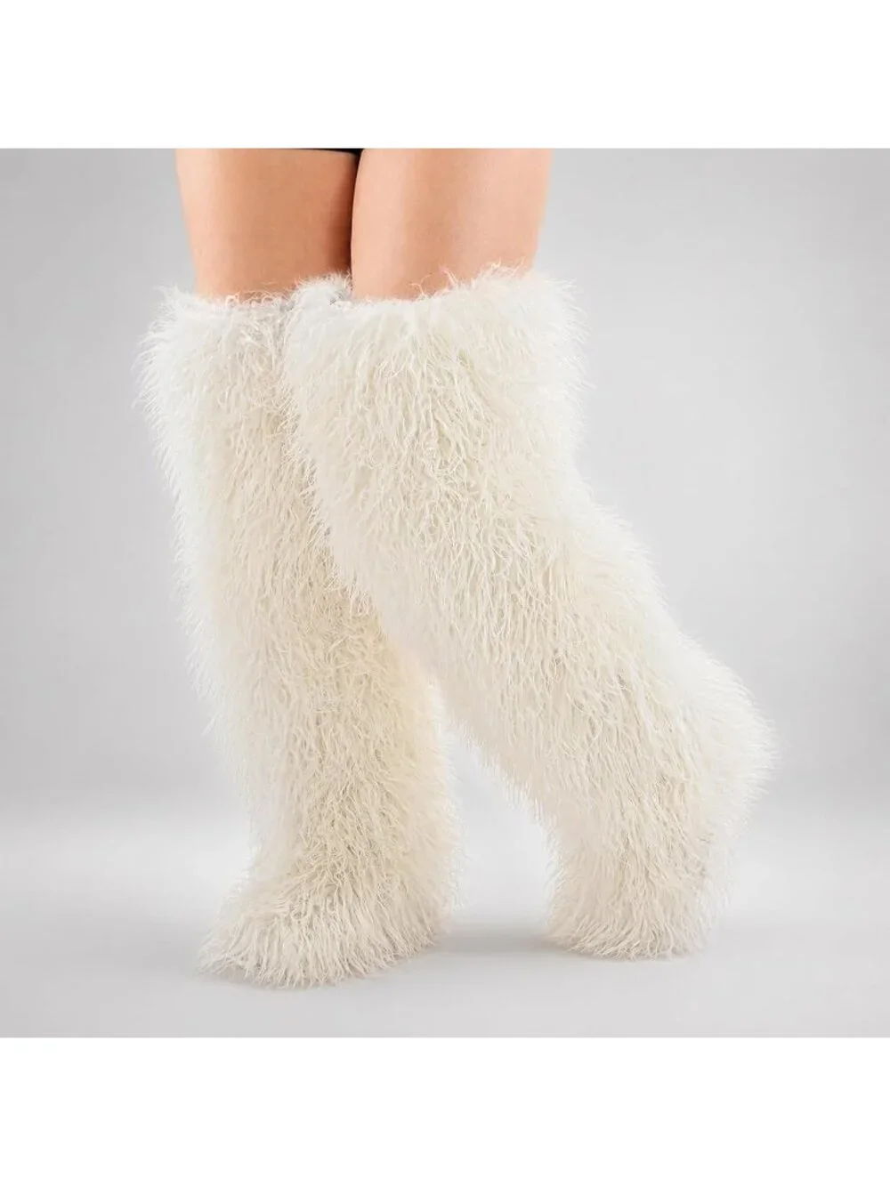 Women's Beige Faux Fur Flat Stretch Over The Knee Furry Thigh High Boots